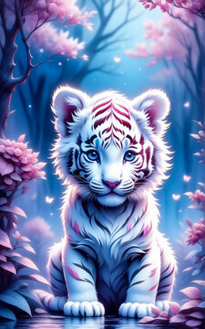 A white tiger cub. Fantastic landscape in pink and blue tones.. AI