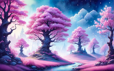 Fantastic landscape in pink and blue tones.. AI