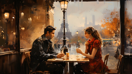 Romantic photo of couple in cafe in Paris. Valentines concept love story - obrazy, fototapety, plakaty