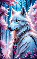 The white wolf. Fantastic landscape in pink and blue tones.. AI