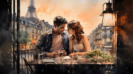 Romantic photo of couple in cafe in Paris. Valentines concept love story - obrazy, fototapety, plakaty