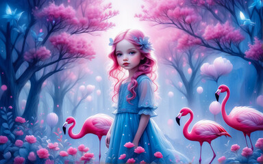 Obraz na płótnie Canvas Cute little girl with a flamingo. Fantastic landscape in pink and blue tones.. AI