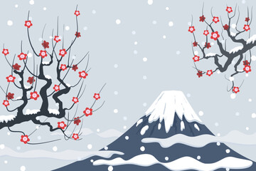 Vector drawing of Fuji mountain and snow flake in winter season, branches of red Sakura flower blooming on cloudy and light blue sky background