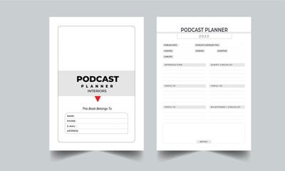 Podcast planner KDP Interior for Low content KDP interior with cover page layout design template