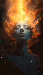 Cosmic woman's head covered with nebula and with light flowing in her face, in the style of cosmic landscapes, interstellar nebulae, optical illusion