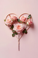 Bouquet of pink and red roses shaped in the Valentine heart on the pink background. Love concept artwork