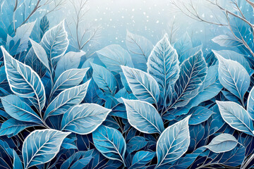Fototapeta na wymiar Abstract illustration of frozen leaves. Falling snow and frost on the leaves