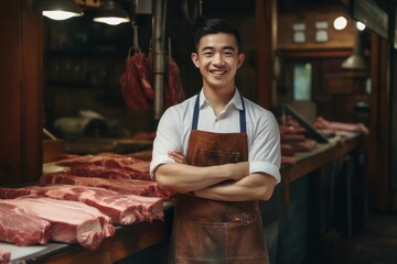 Fototapeta na wymiar Asian Man Butcher Employee Lifestyle Concept Generative AI