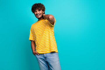 Photo portrait of nice young male touch neck posing model wear trendy striped yellow garment...