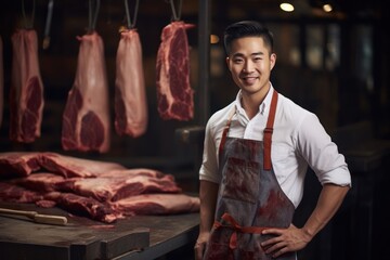 Asian Man Butcher Job Attractive Backdrop Generative AI