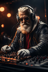 Modern Santa Claus as Disco DJ working in the nightclub in New Year. Christmas concept artwork