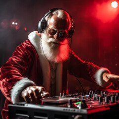 Modern Santa Claus as Disco DJ working in the nightclub in New Year. Christmas concept artwork