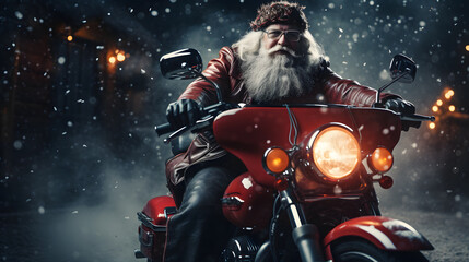 Modern Santa Claus riding a chopper motorcycle - obrazy, fototapety, plakaty
