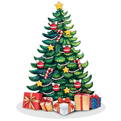 watercolor hand drawn Christmas tree and decorations
