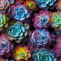 A bunch of colorful succulents, closely arranged in a variety of shapes and sizes. The vibrant colors and textures of the plants create a visually appealing display