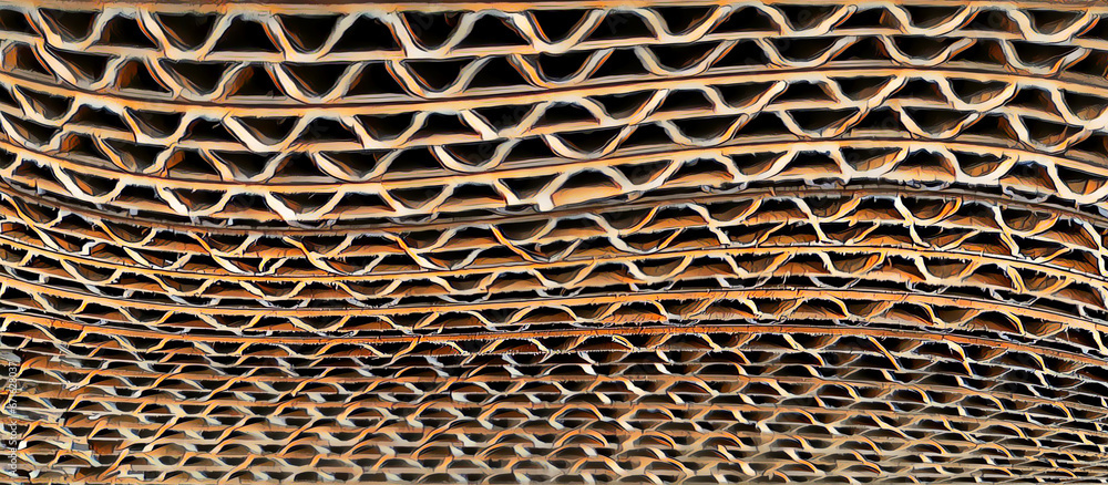 Poster patterns and intricate unique designs in orange and gold based upon end-on view of a stack of corrug