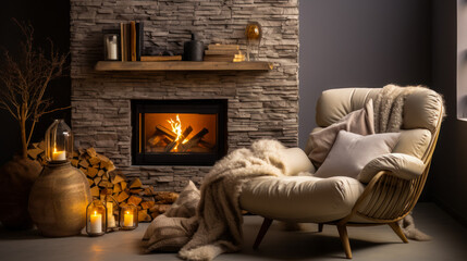 A cozy room with a burning fireplace, a comfortable chair with a blanket, time for winter holidays and Christmas celebrations. country house interior with simple clean lines and natural materials