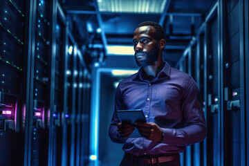 A focused African American IT expert monitors server rows in a high-tech data center, using a digital tablet for precise oversight. Computing for artificial intelligence, and neural networks.