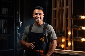 Asian Man Carpenter Lifestyle Setting Generative AI