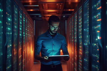 In a high-tech server room, male IT specialist, holding a digital tablet, focuses on managing data and systems, oversees mainframes and servers, ensuring the smooth functioning of data center.