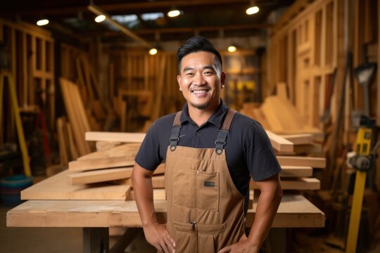 Asian Man Carpenter Occupation Attractive Setting Generative AI