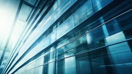 Modern blue glass facade of a business office building reflecting the blue sky, AI-generated.