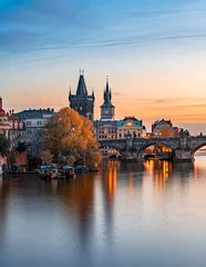 Tuinposter  city, prague, architecture, river, europe, bridge, castle, building, cityscape, town, travel, view, urban, skyline, night, landma, charles bridge, cathedral, autumn, panorama, church, water, czech © PhiHung