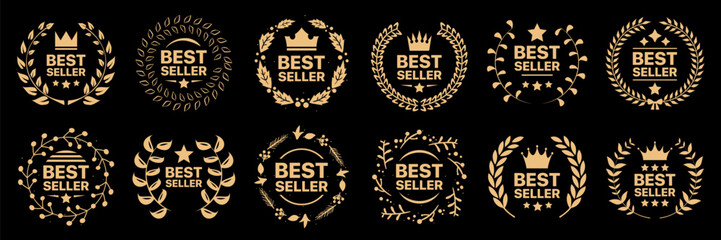 Best seller badge collection. Set of best seller emblem with laurel wreath, crown and star icon. Best seller label collection. Best seller icons for product label