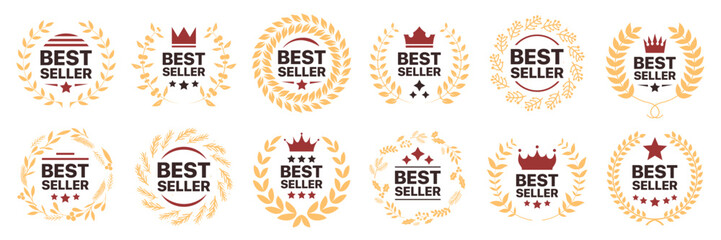 Best seller badge collection. Set of best seller emblem with laurel wreath, crown and star icon. Best seller label collection. Best seller icons for product label
