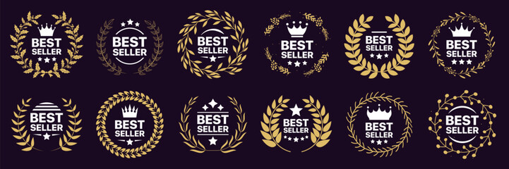 Best seller badge collection. Set of best seller emblem with laurel wreath, crown and star icon. Best seller label collection. Best seller icons for product label