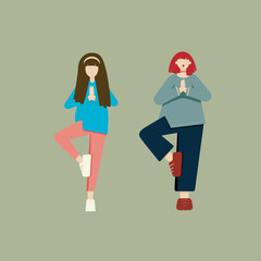 Womans meditating, women flat art, yoga art.
Girls in yoga poses.
