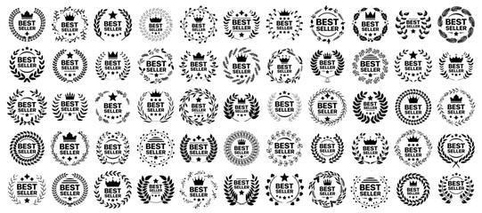 Best seller badge collection. Set of best seller emblem with laurel wreath, crown and star icon. Best seller label collection. Best seller icons for product label - obrazy, fototapety, plakaty