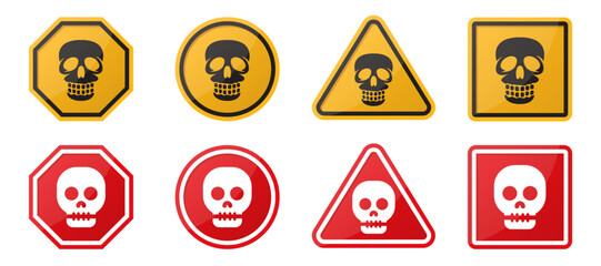 Warning sign collection with skull icon. Set of caution symbol with skull. Yellow and red hazard symbols sign. Toxic, electricity, chemical warning signs. Skull symbols in sign