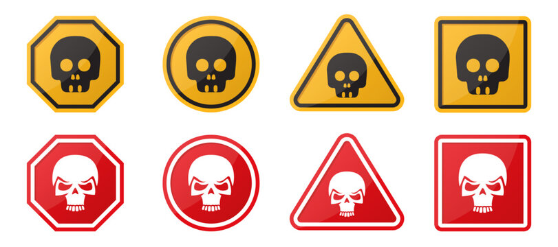 Warning sign collection with skull icon. Set of caution symbol with skull. Yellow and red hazard symbols sign. Toxic, electricity, chemical warning signs. Skull symbols in sign