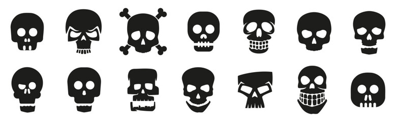 Skull icons in black. Set of skull signs. Death, caution, mortality, warning, poison symbols. Funny skull logo. Death skull or human skull icons