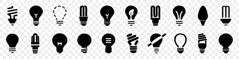 Light bulb icons in black. Electric lamp icons. Idea, brainstorm, energy symbols. Lighting electric lamp signs. Set of black lightbulb icons - obrazy, fototapety, plakaty