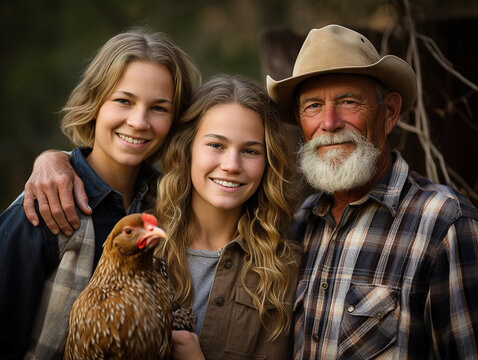 A Happy Farmers Family. Father with doughters and their chicken