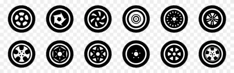 Fotobehang Wheel tire icons in black on a transparent background. Car tire icons collection. Black rubber wheel tire icons. Vehicle or automobile tire alloy wheel signs in black © stas111