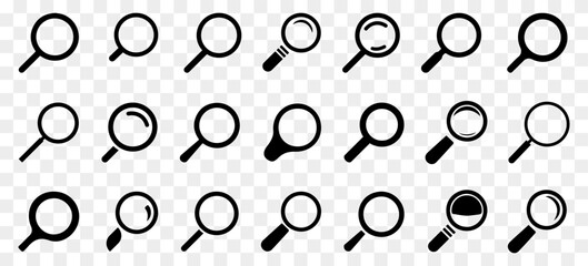 Magnifying glass icons in black on a transparent background. Set of different search icons. Simple magnifier signs. Black Magnifying glass icons - obrazy, fototapety, plakaty