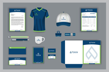 office business stationary set, corporate business identity with white background vector design, letter head, envelop, folder, notepad, t shirt, cap, usb, paper clip, pencil, business card, invoice