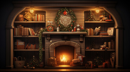 A Cozy Christmas Fireplace with Bookshelves: A Festive and Inviting Scene