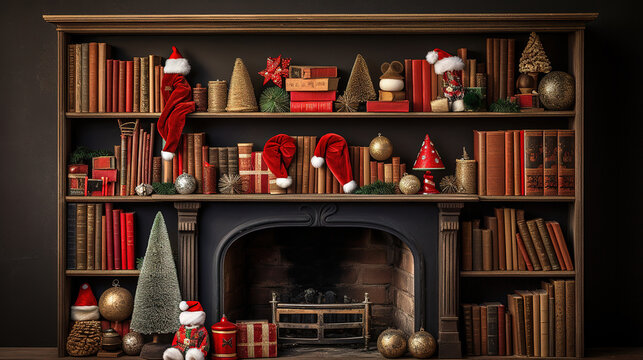 A Cozy Christmas Fireplace with Bookshelves: A Festive and Inviting Scene