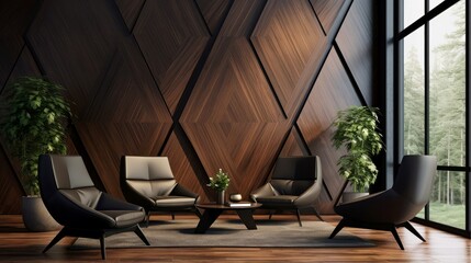 Modern living room with wooden geometric wall