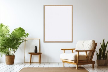 Modern interior design with poster artwork mock up template. Blank empty picture frame for poster or painting