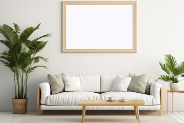 Modern interior design with poster artwork mock up template. Blank empty picture frame for poster or painting