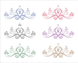 Set of six vector ornaments in different colors.