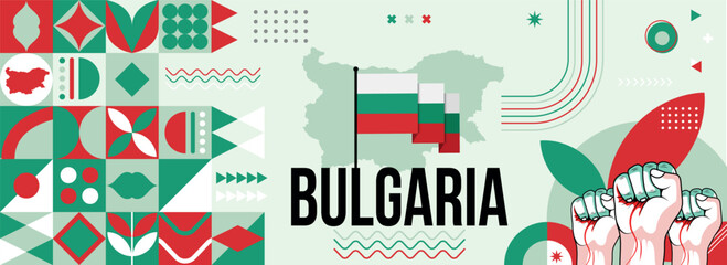 Bulgaria national or independence day banner for bulgarian celebration. Flag and map of Bulgaria with raised fists. Modern retro design with typorgaphy abstract geometric icons. Vector illustration. - obrazy, fototapety, plakaty