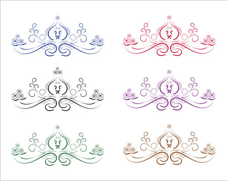 Set of six vector ornaments in different colors.