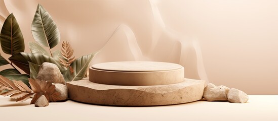 Exotic stone podium with dried leaves in nude color for natural product display