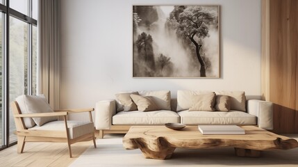 modern living room with Scandinavian touches, a rustic live edge table is situated alongside a beige sofa, with a prominent art poster